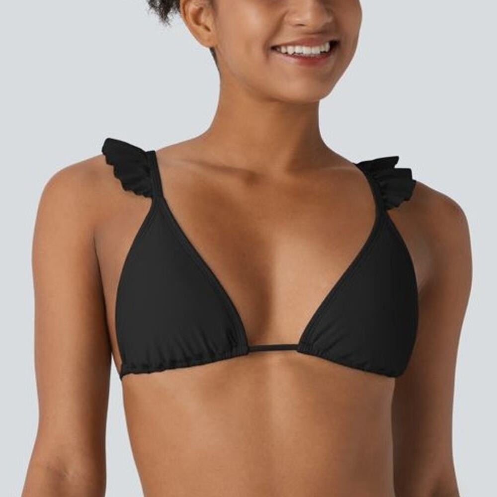 NWOT Halara Ruffle Straps Tie Back Triangle Bikini Swim Top Black Womens Size M